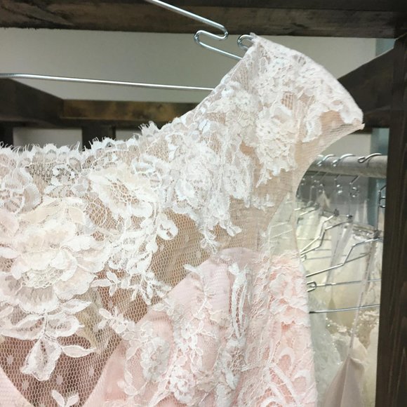 BLUSH Champagne Lace Rustic Wedding Dress, Cap Sleeve, Boat Neck Elegant Mother - Picture 12 of 15